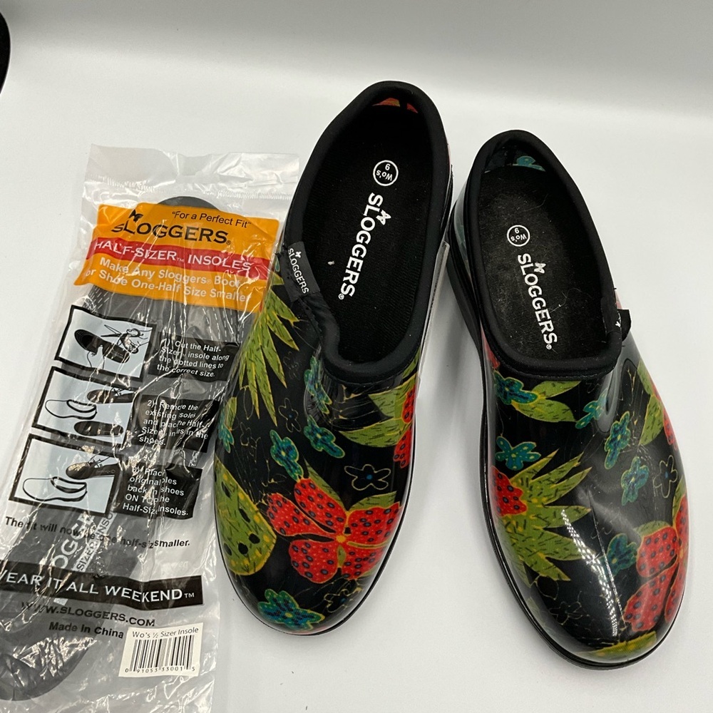 Sloggers Size 9m Waterproof Black Floral Mules with Extra Insoles